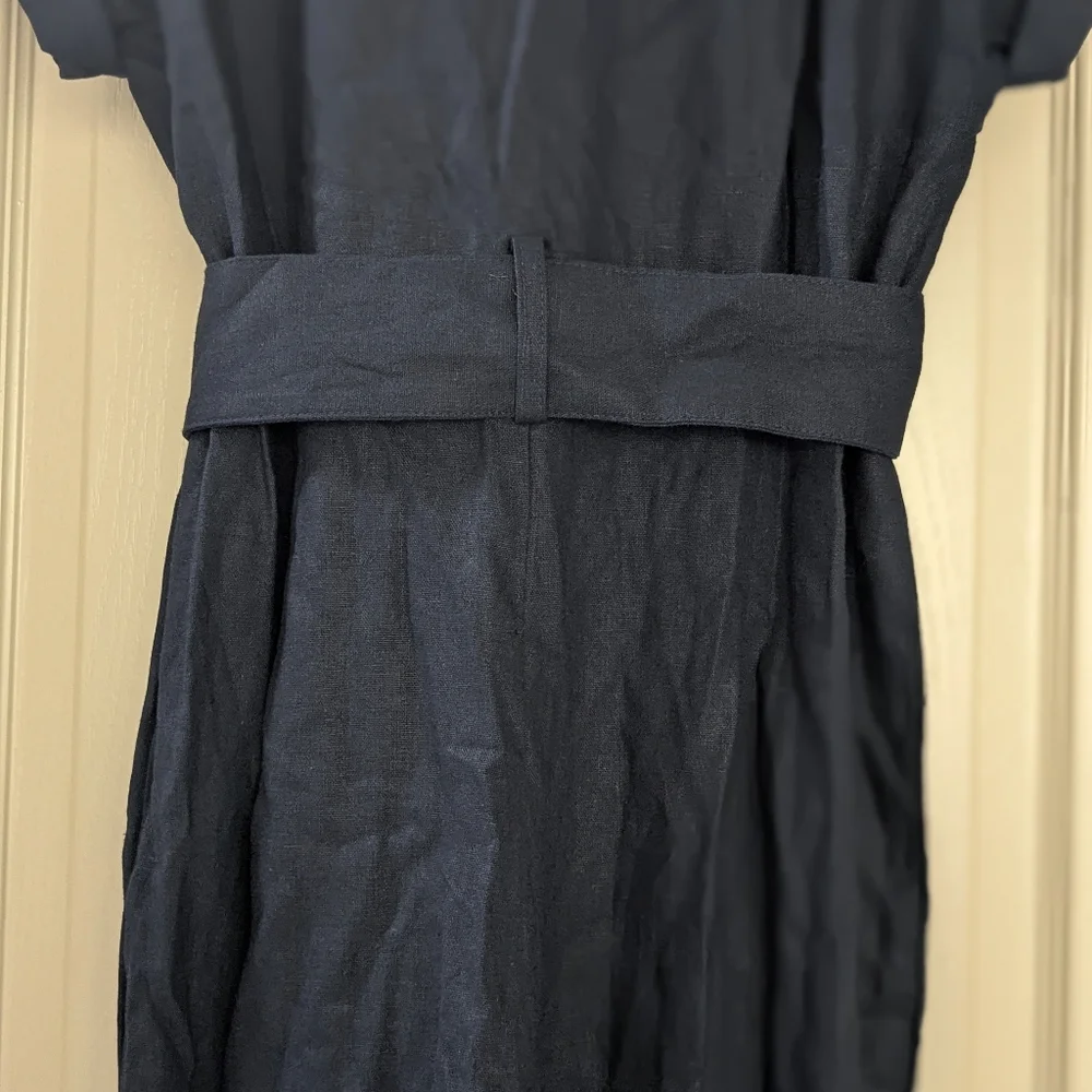 NWT Zara Dark Navy Belted Linen Blend Jumpsuit - Size XS